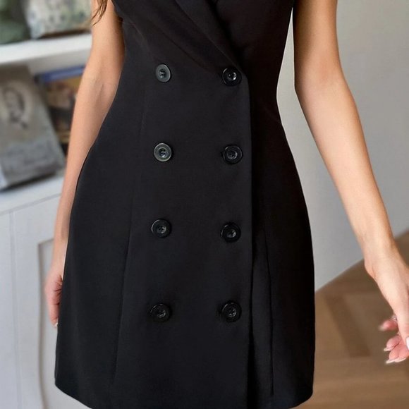 Black Preppy Womens Double Breasted Sleeveless Blazer Dress - Picture 3 of 5